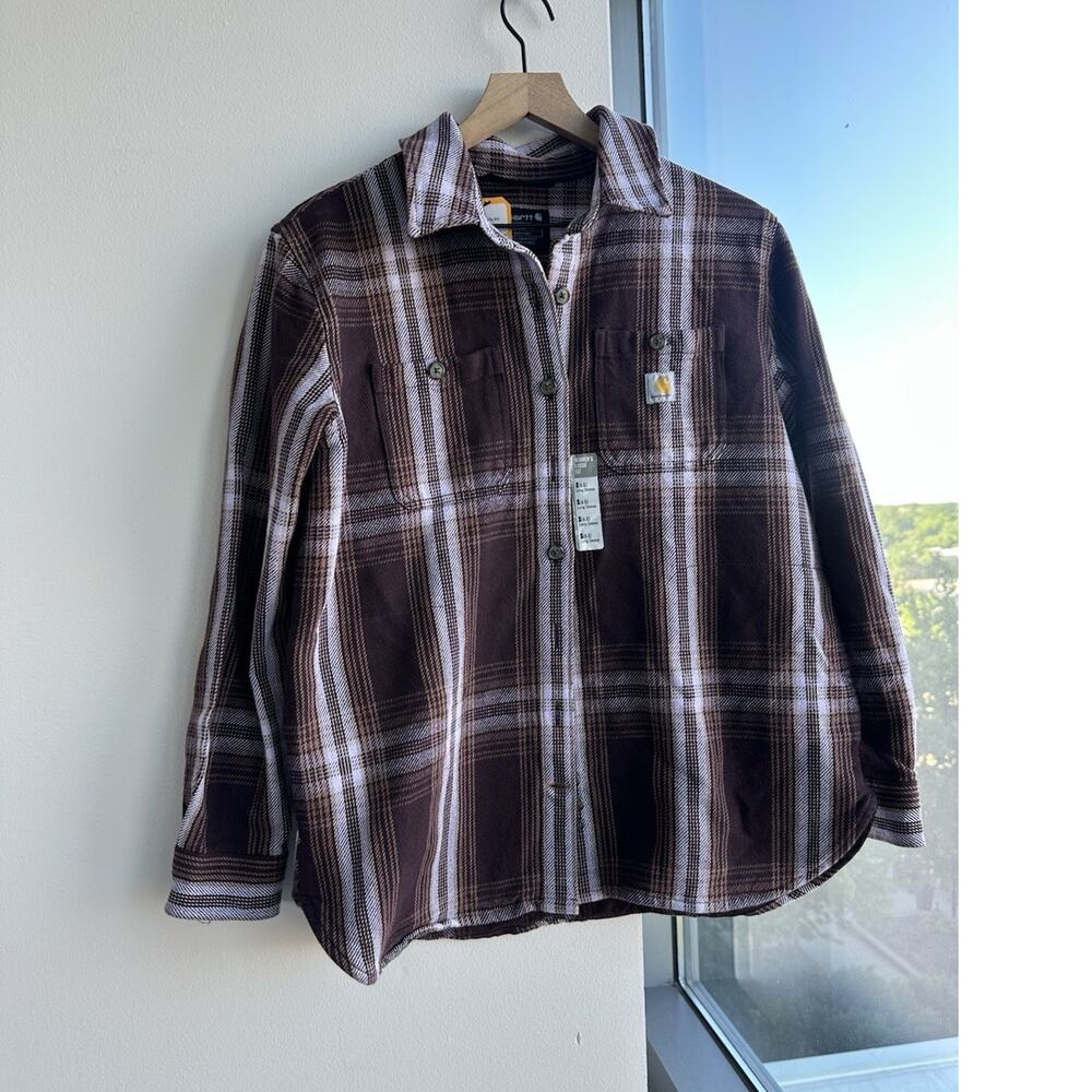 Carhartt Cotton Flannel Brown White Plaid Button Up Long Sleeve w/ Pockets S